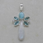 Regenbogenmondstein, Larimar, Topas und Perle in 925er...