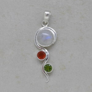 Regenbogenmondstein, Karneol, Peridot Anhänger in 925er Silber - Einzelstück