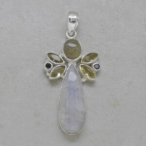 Regenbogenmondstein, Rutilquarz, Citrin, Turmalin in 925er Silber - Einzelstück